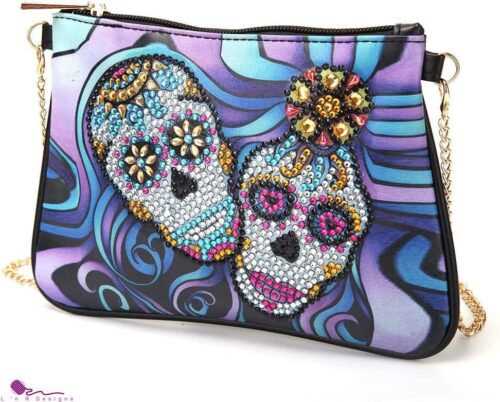 Skull Crystal Rhinestone Handbag Leather Zippered Pouch with Removable Chain