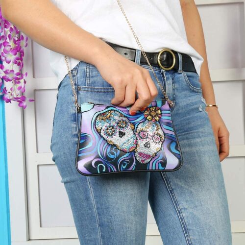 Skull Crystal Rhinestone Handbag Leather Zippered Pouch with Removable Chain
