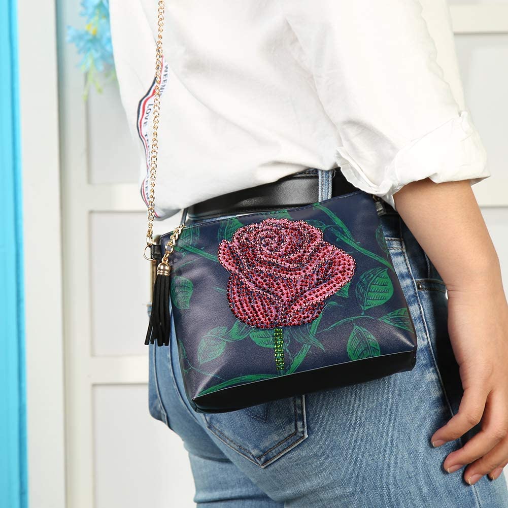 Rose Crystal Rhinestone Handbag Leather Zippered Pouch with Removable Chain